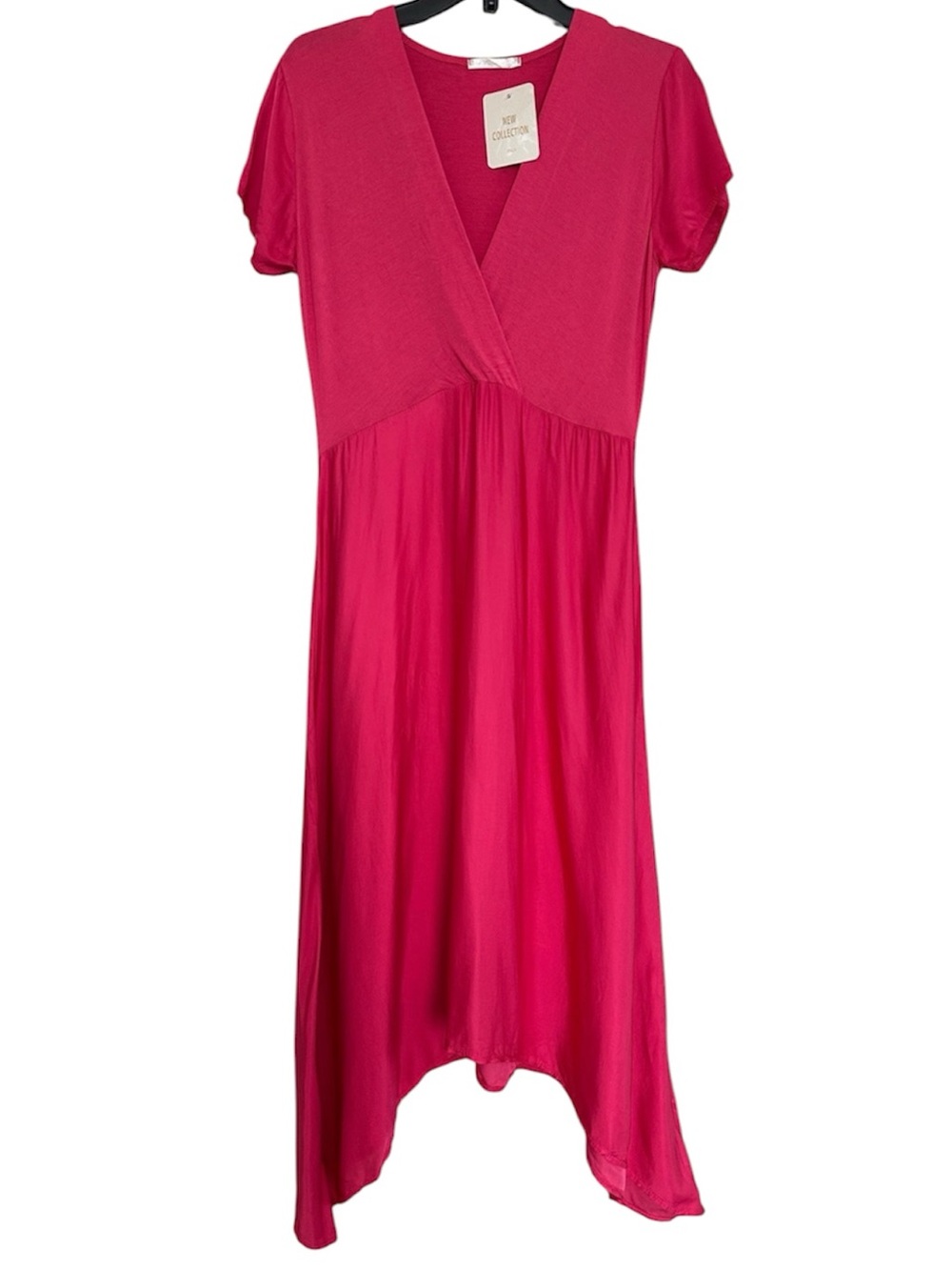 NWT Made in Italy Fuchsia Silk & Viscose Mixed Media Asymmetrical Midi Dress